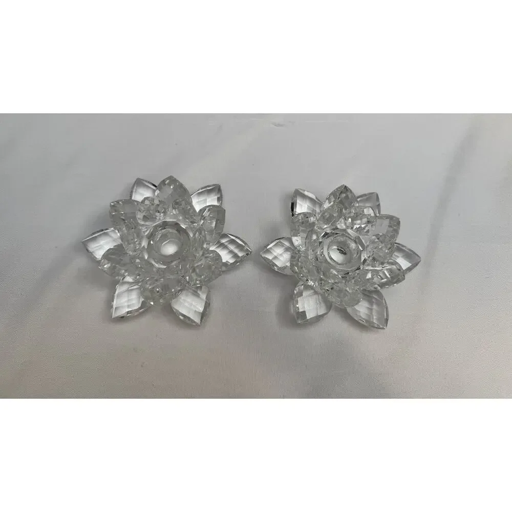 Vintage Shannon Crystal by Godinger Lotus Flower Taper Candle Holder-Set of 2